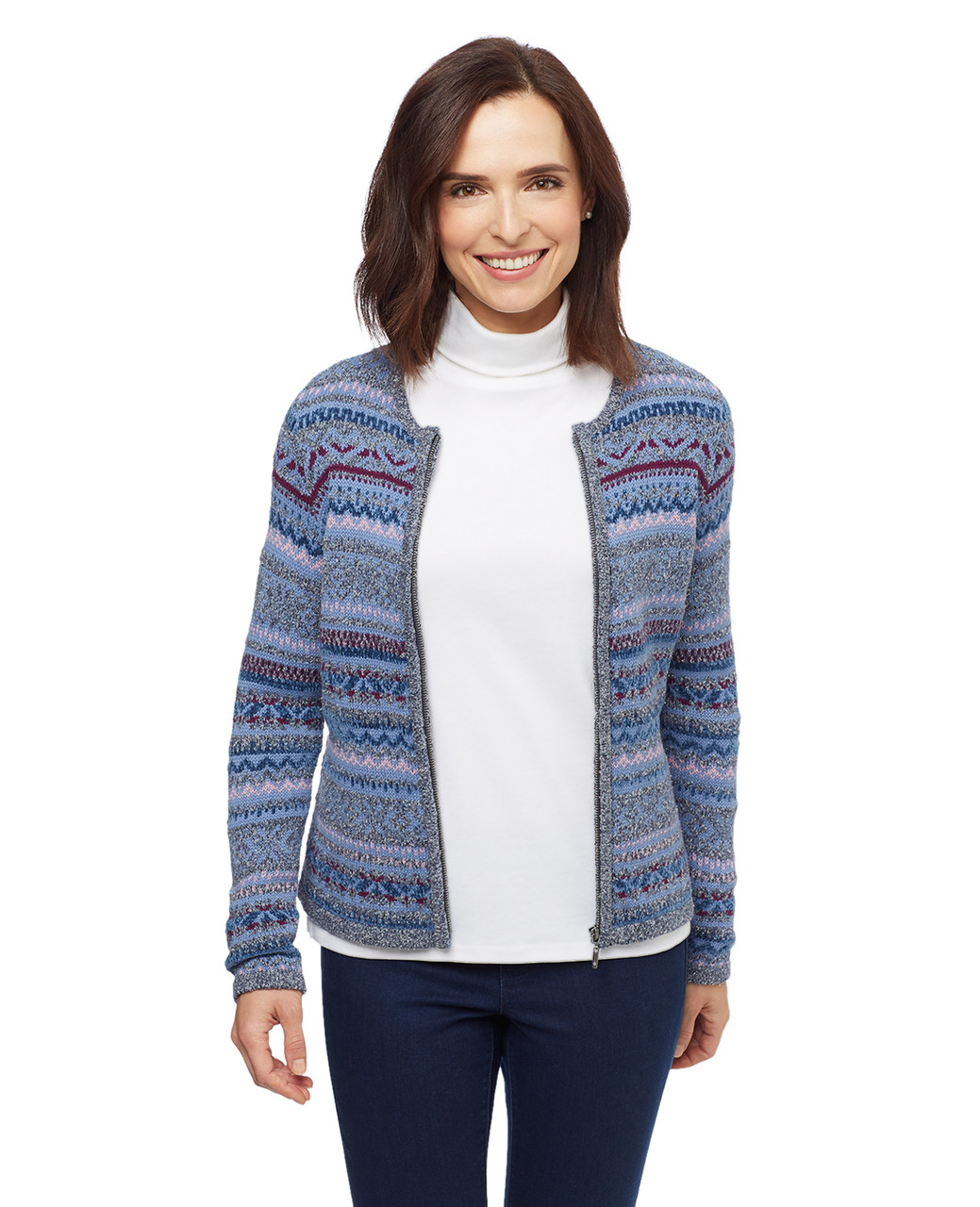Women's thistle blue multi colour jacquard zip up cardigan