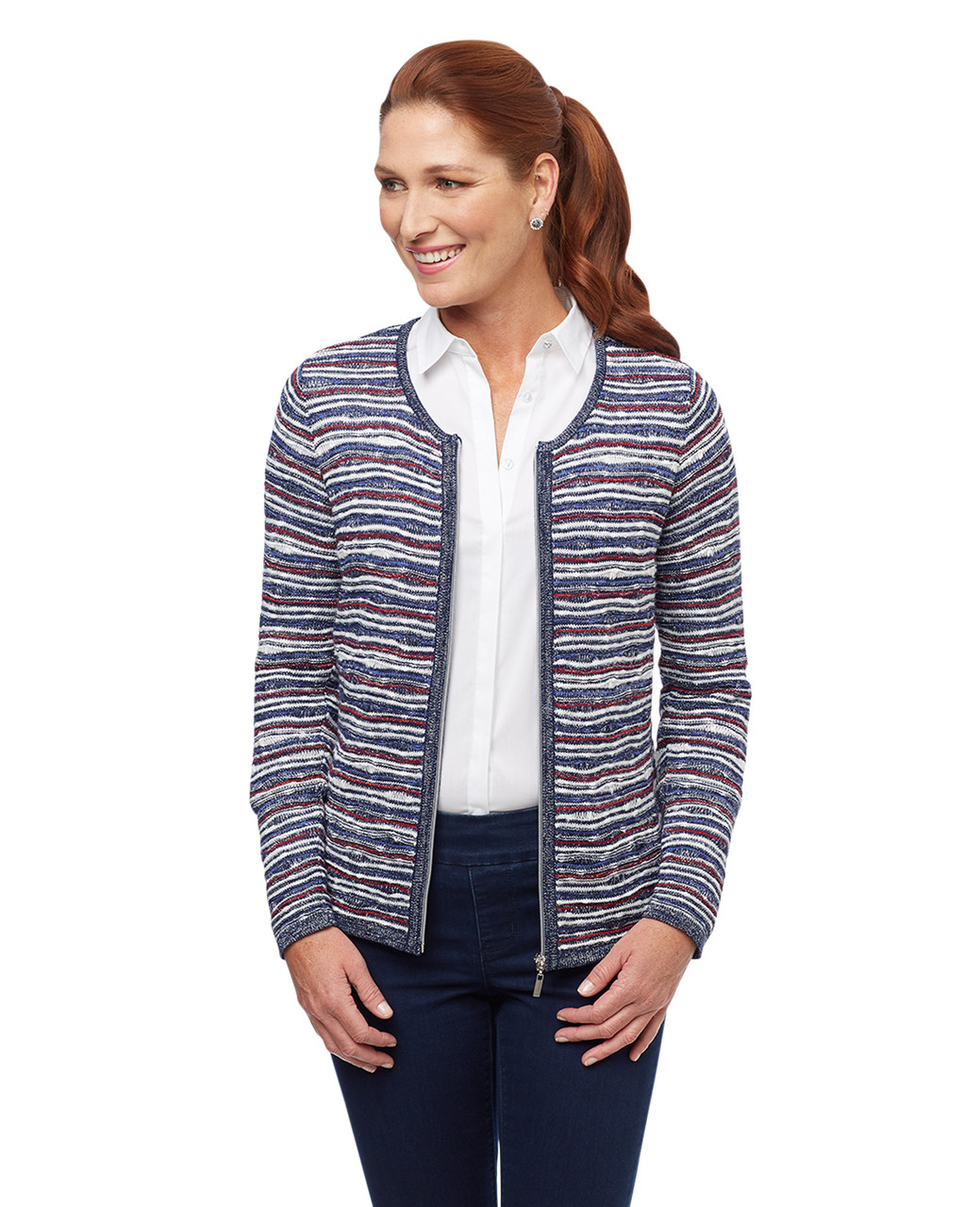 Women's navy blue metallic striped zip up cardigan