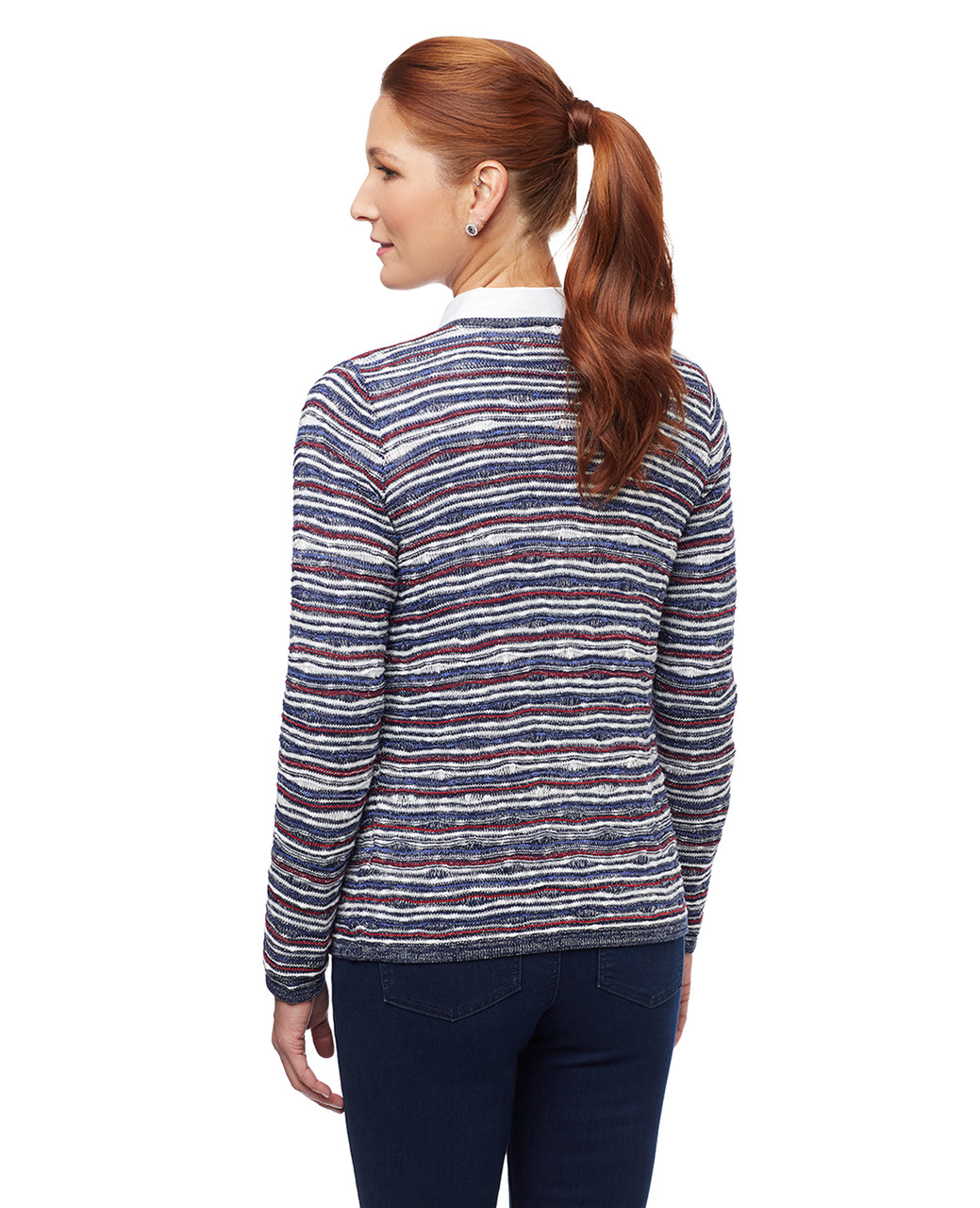 Women's navy blue metallic striped zip up cardigan