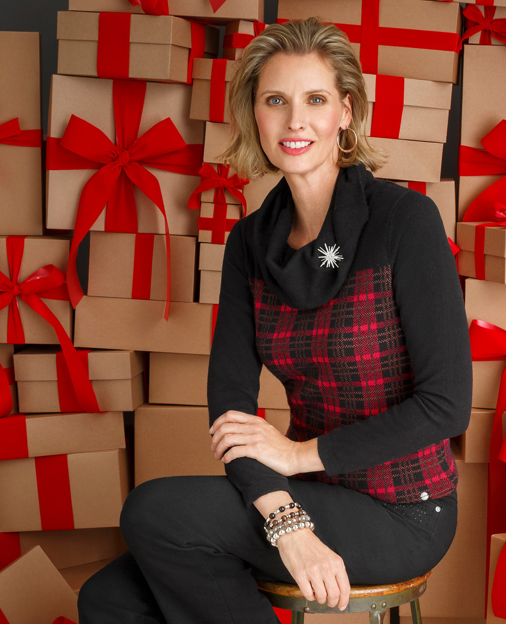 Women's black and red plaid cowl neck sweater