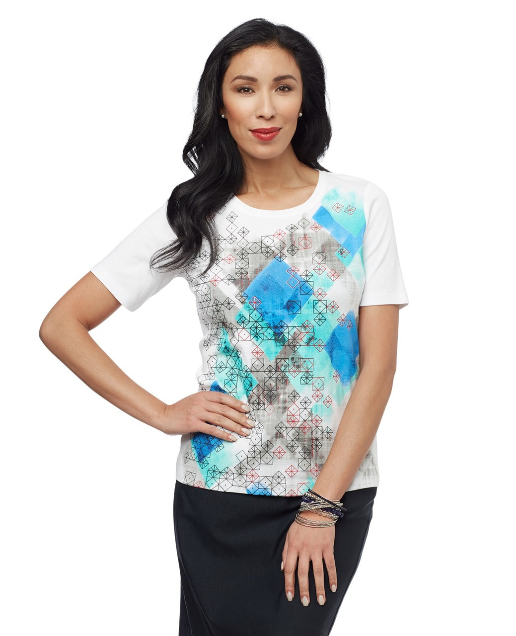 Women's white abstract print short sleeve tee