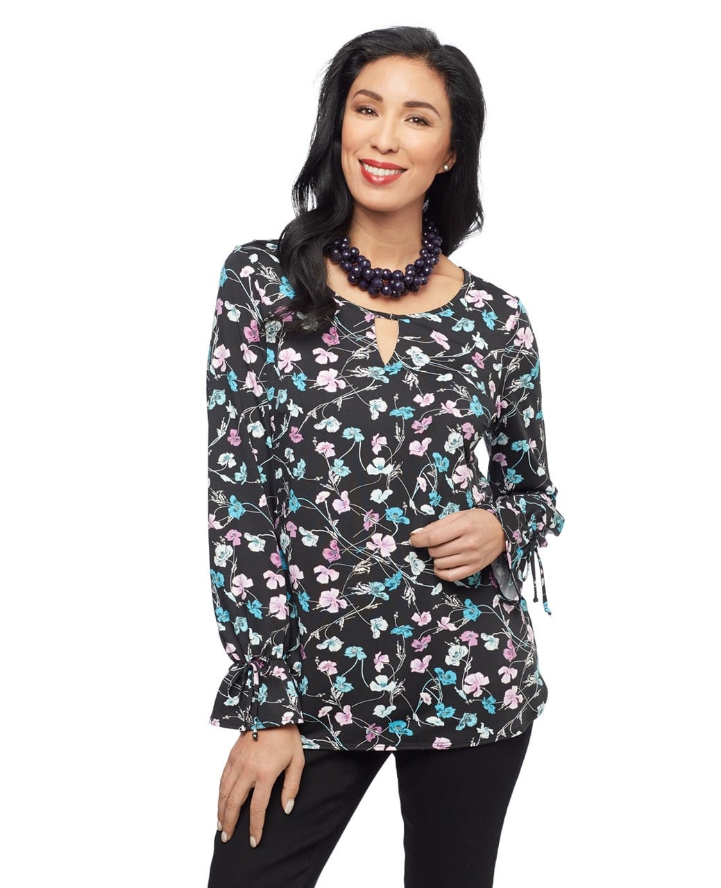 Women's black floral ruffled sleeve blouse