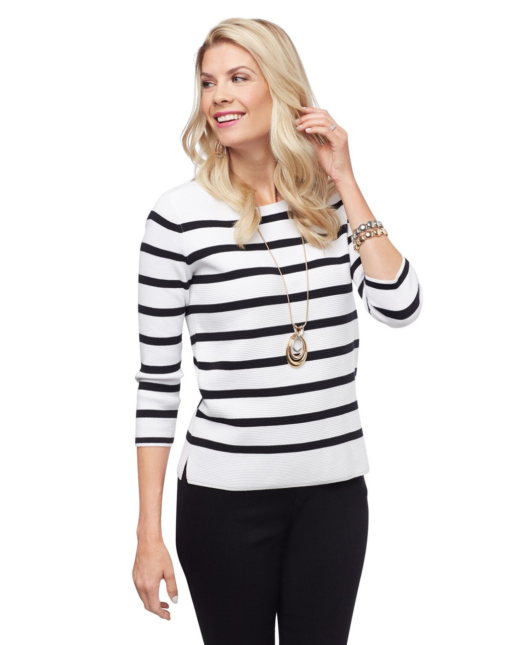 Women's fitted white and black striped sweater with three-quarter sleeves