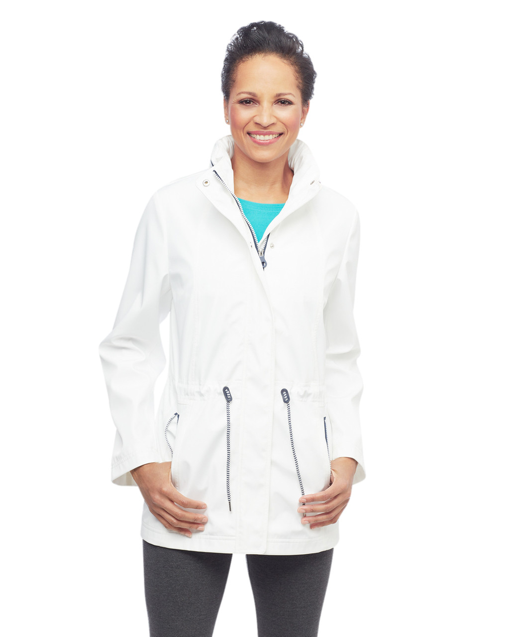 Women's white water resistant windbreaker jacket with contrast zipper