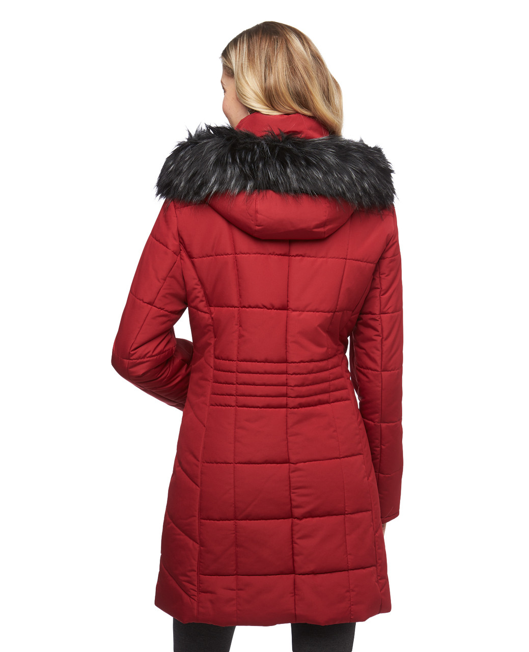 Women's deep cherry quilted coat with faux fur trimmed detachable hood