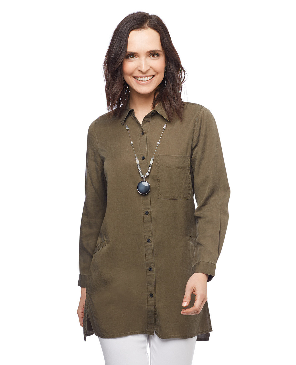 Women's olive long tunic button down shirt with pockets