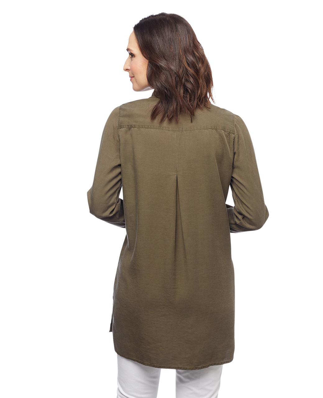 Women's olive long tunic button down shirt with pockets
