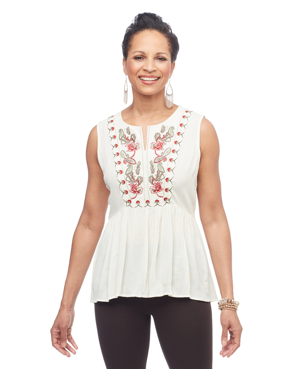 Women's vanilla embroidered empire waist sleeveless blouse