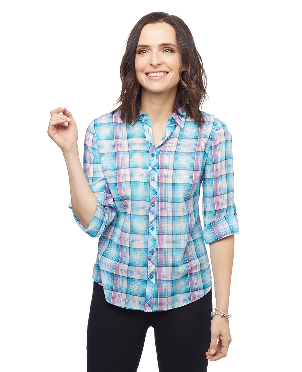 Women's plaid yarn dye button up shirt with roll tab sleeves