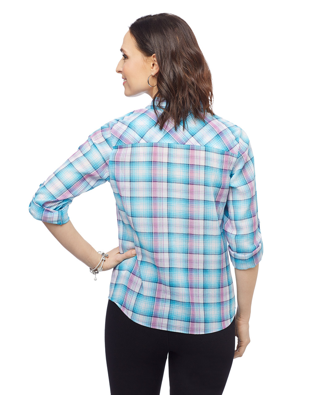 Women's plaid yarn dye button up shirt with roll tab sleeves