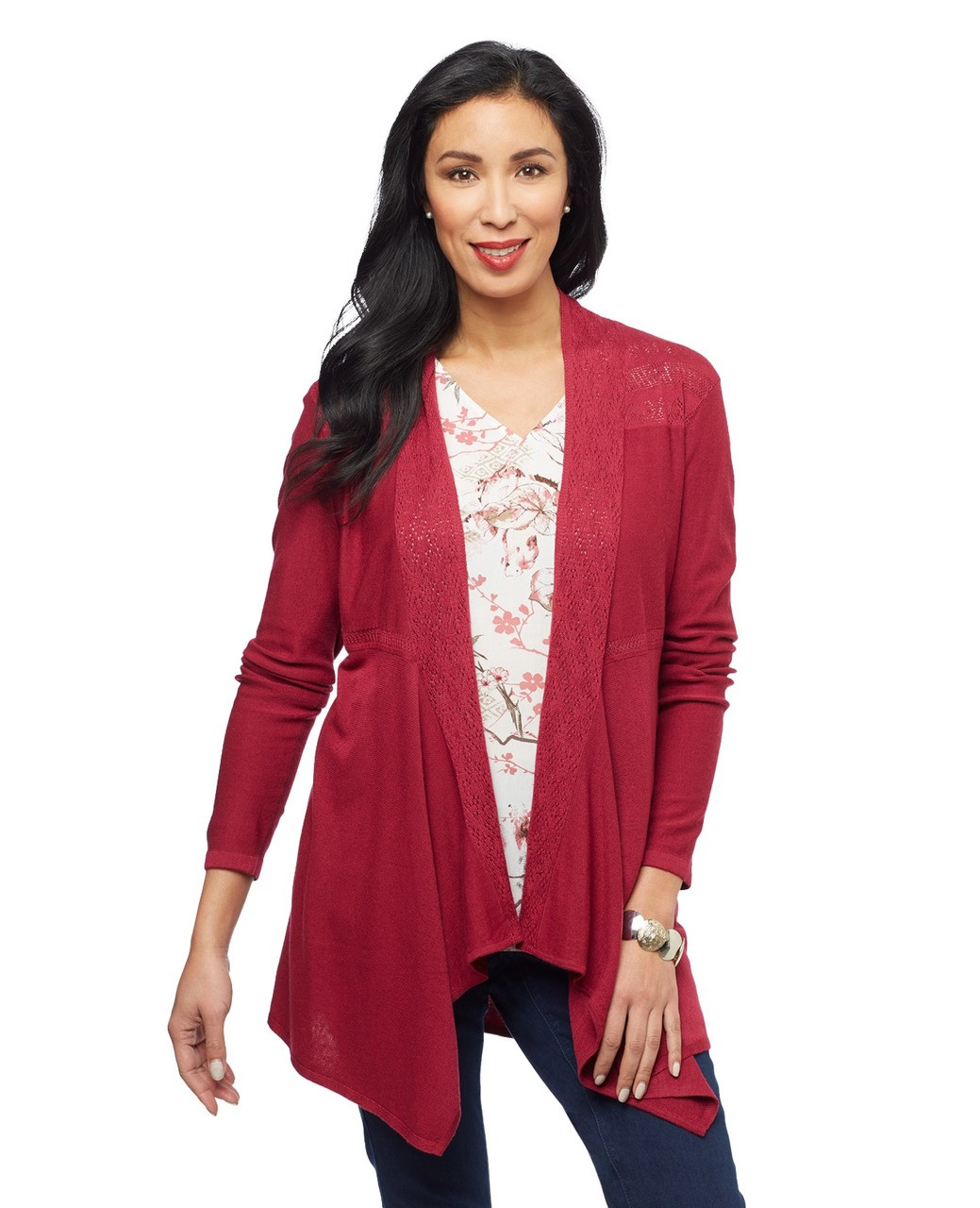 Women's portwine open front pointelle sweater