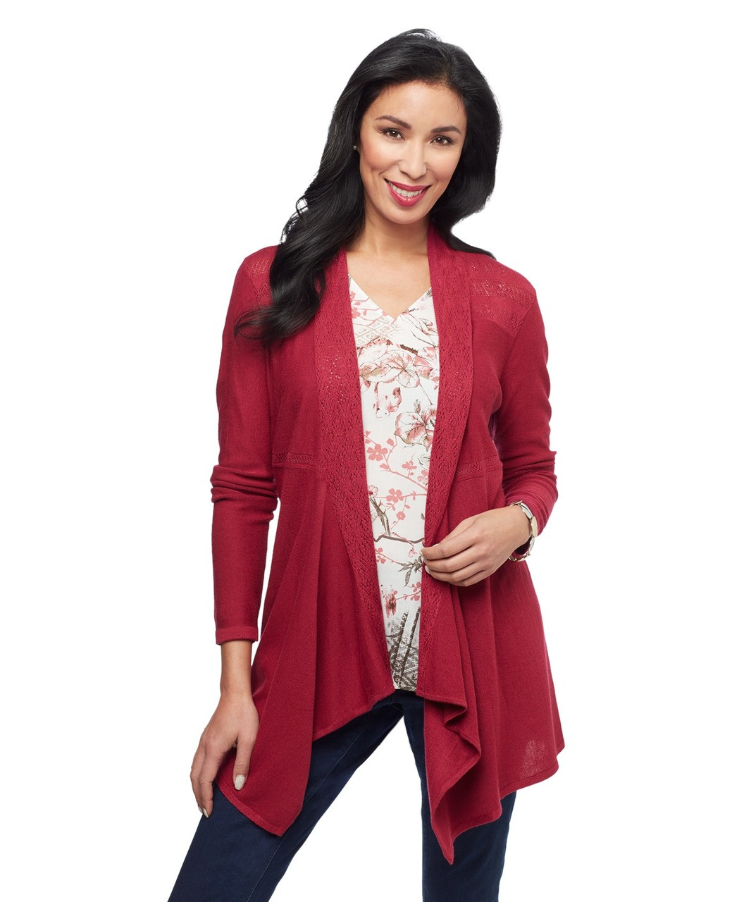 Women's portwine open front pointelle sweater