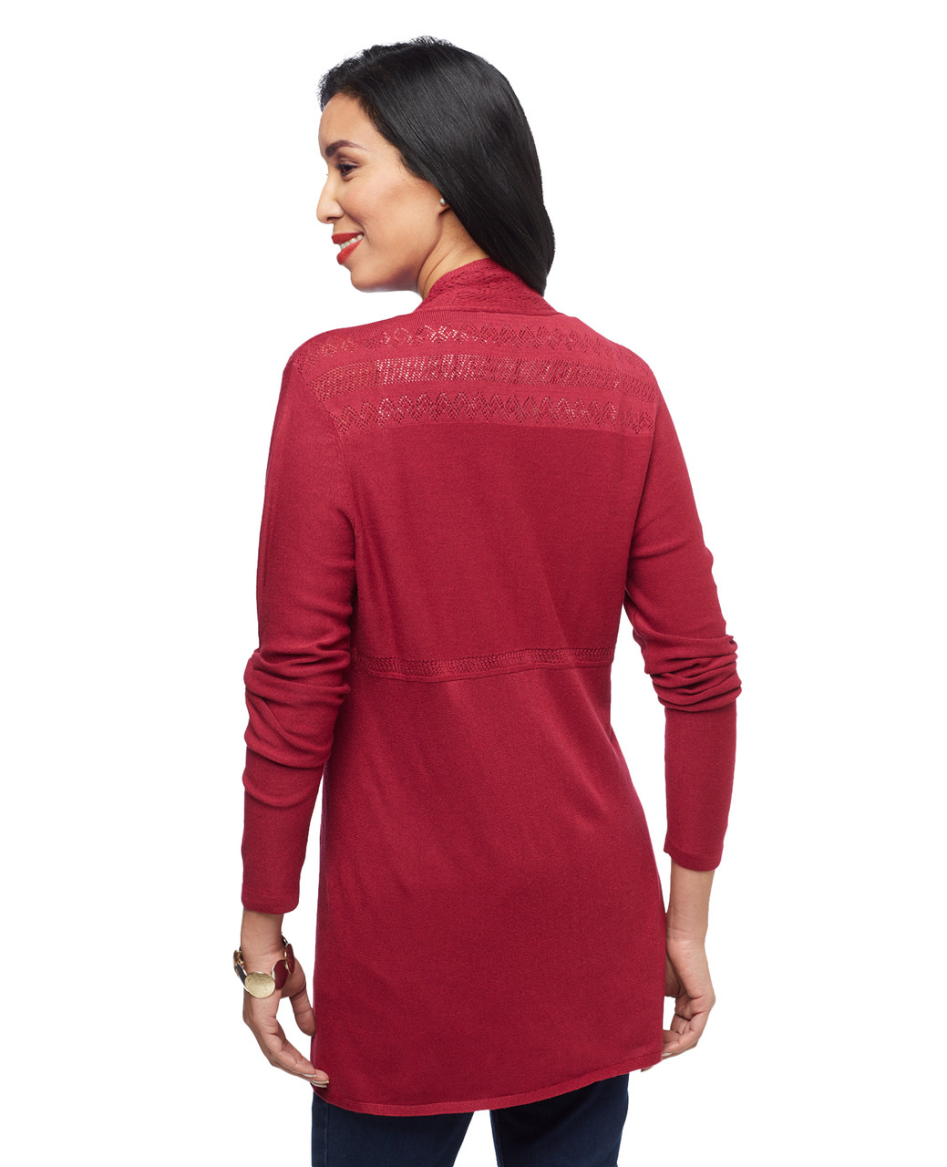 Women's portwine open front pointelle sweater