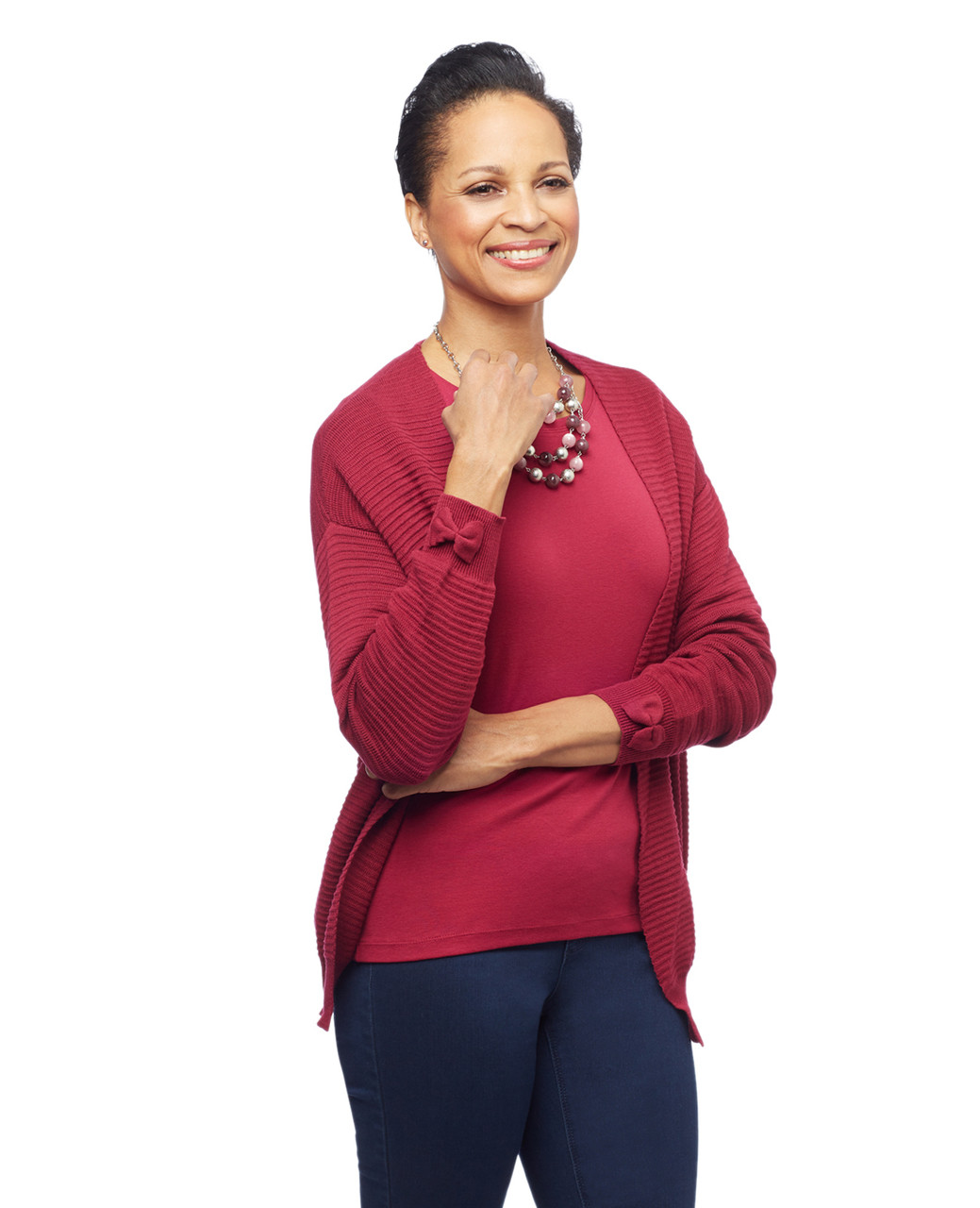 Women's open front cardigan with bow detailing