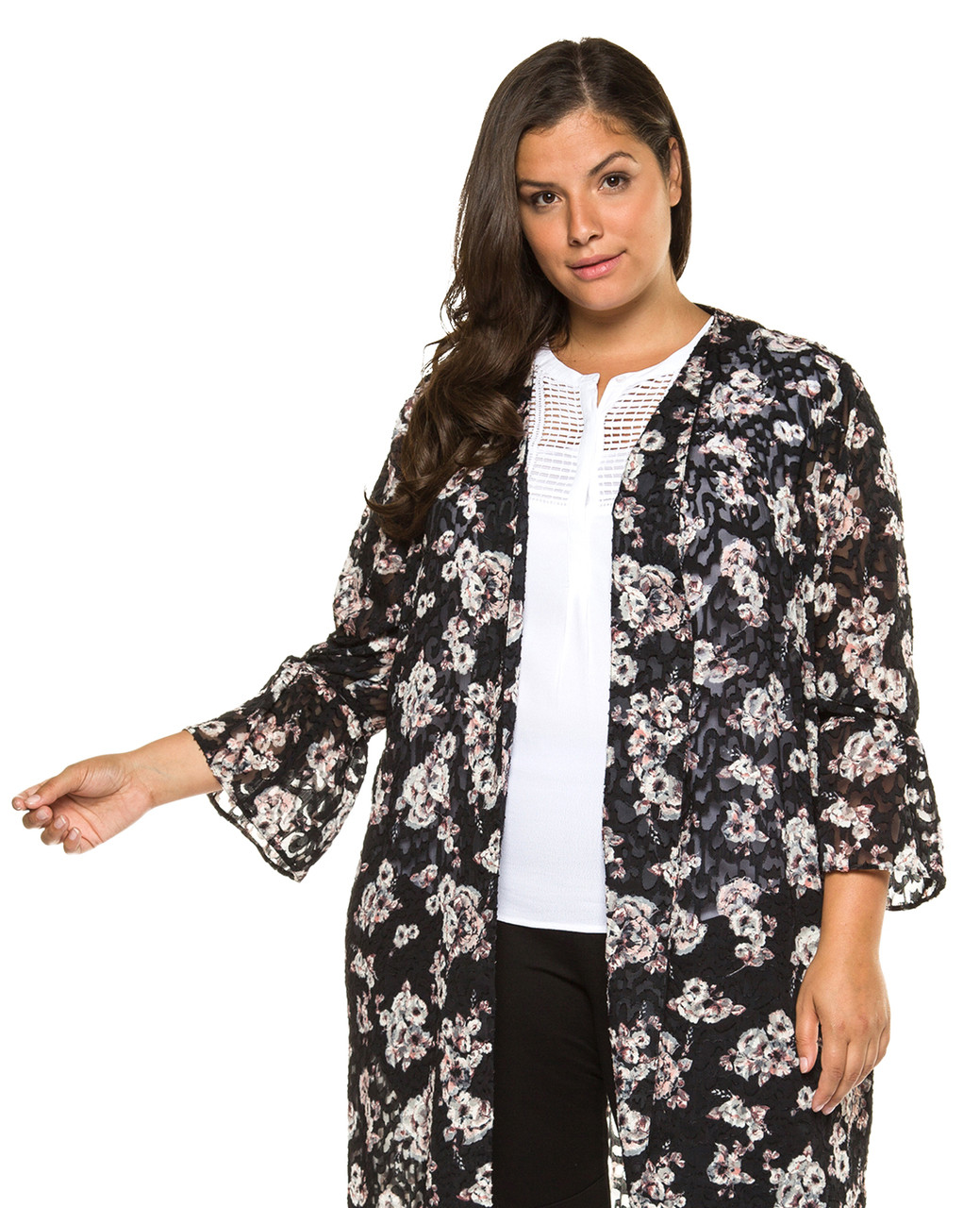 Women's plus Amanda Green black floral printed kimono.