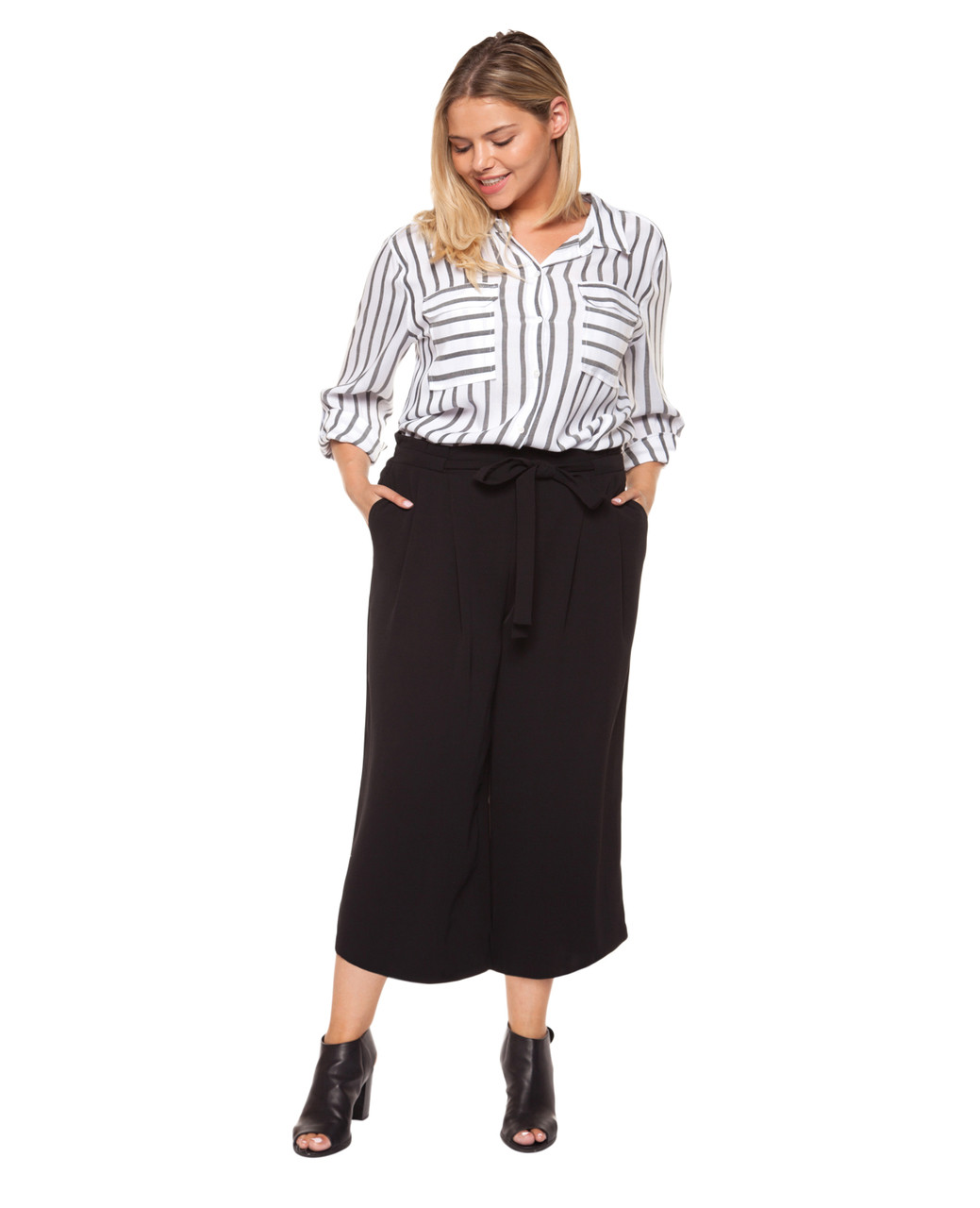 Women's plus Amanda Green white stripe button up shirt.