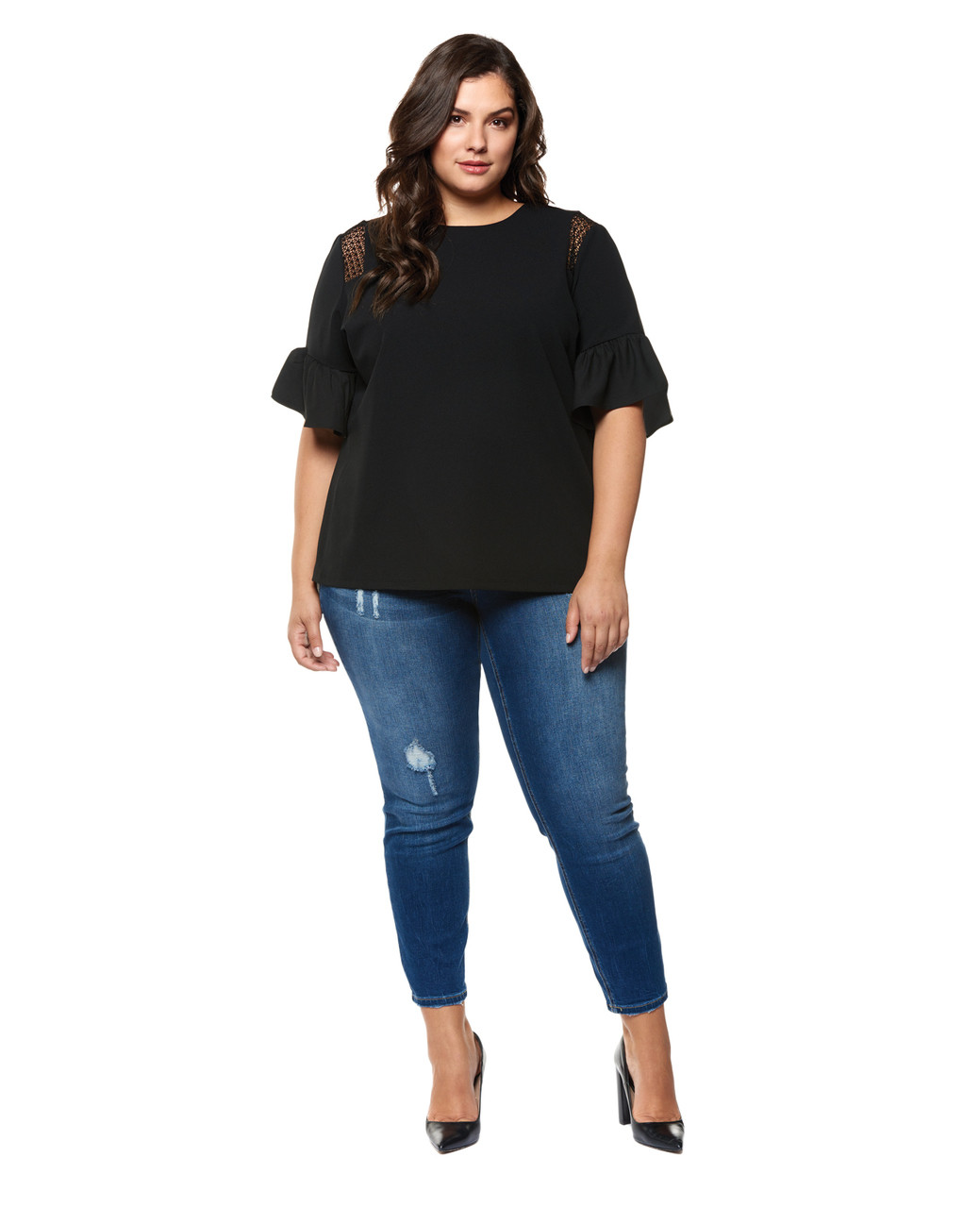 Women's plus Amanda Green black crochet ruffle sleeve blouse.