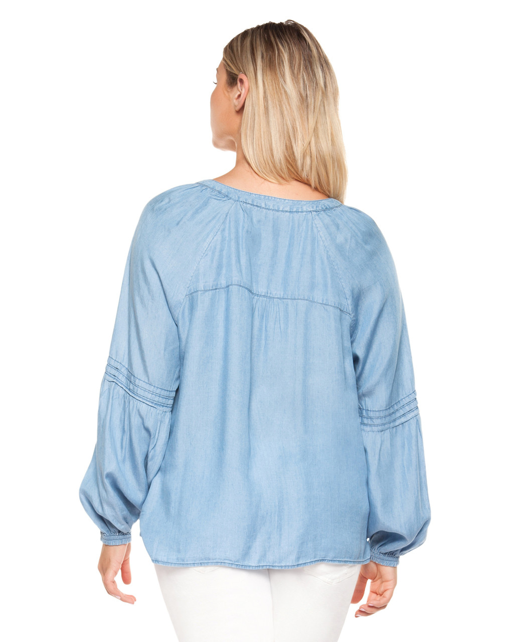 Women's plus Amanda Green light denim wash peasant blouse.