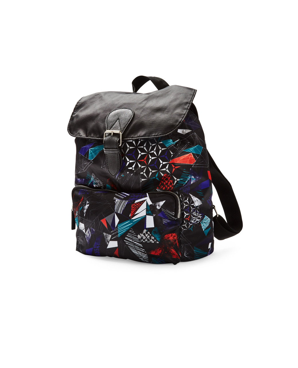 Women's black geometric printed backpack with snap closure