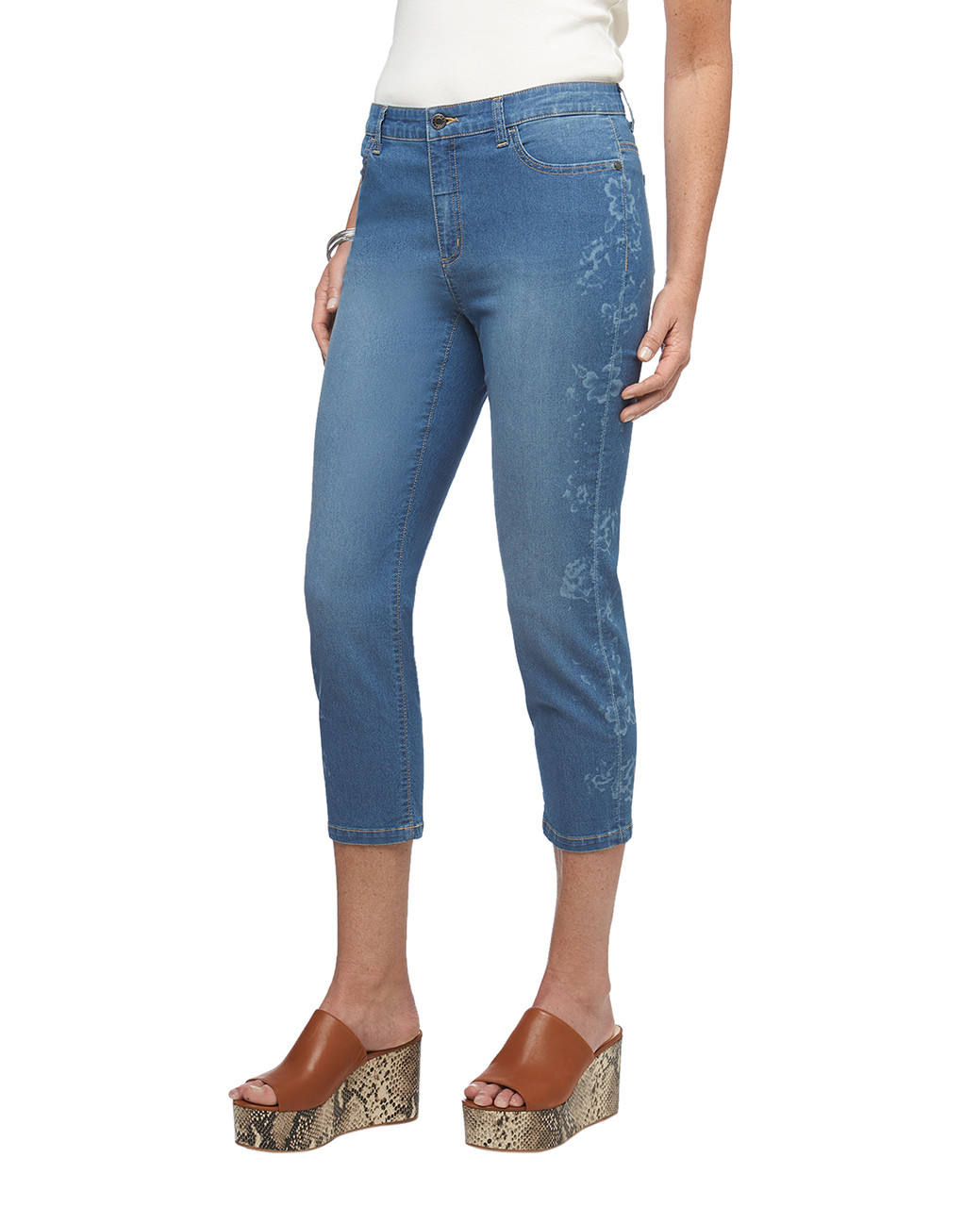 Women's stretch floral printed cuffed denim jeans