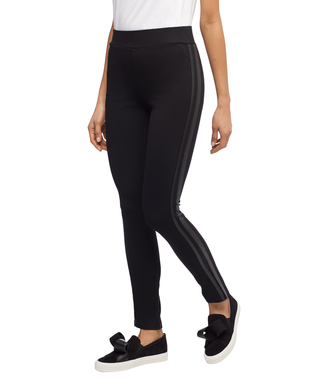 Women's black pull on ponte leggings with side seam pleather trim