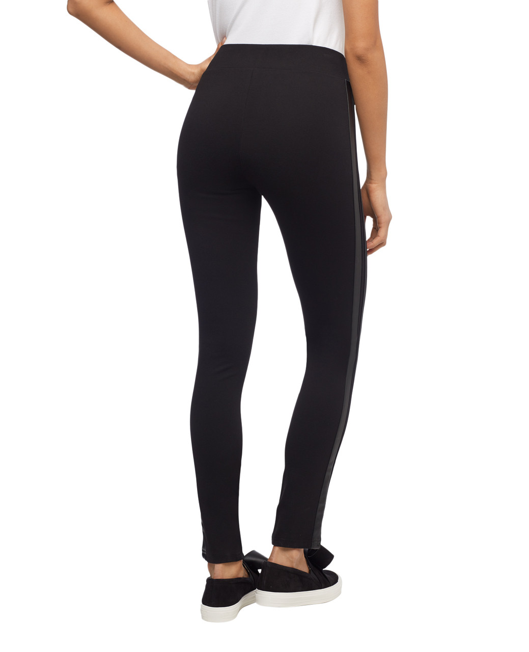 Women's black pull on ponte leggings with side seam pleather trim