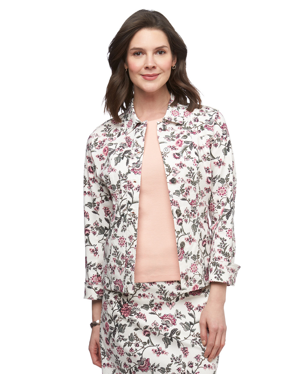 Women's antique vanilla floral printed button front jacket