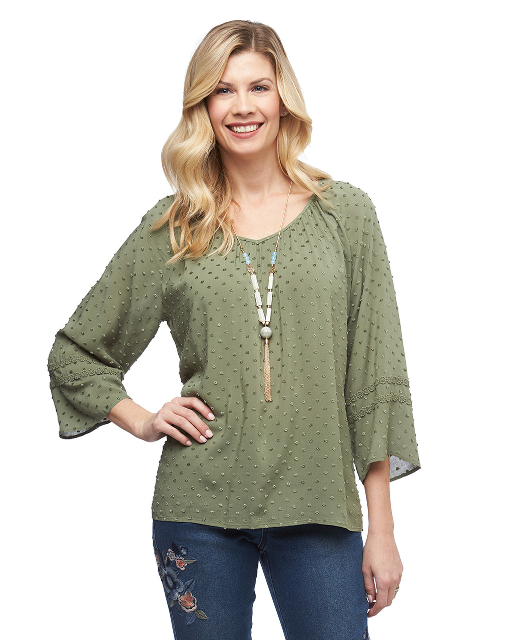 Women's three quarter bell sleeve swiss dot peasant top