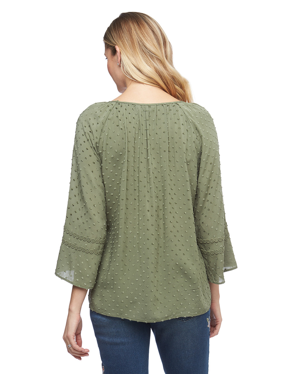 Women's three quarter bell sleeve swiss dot peasant top
