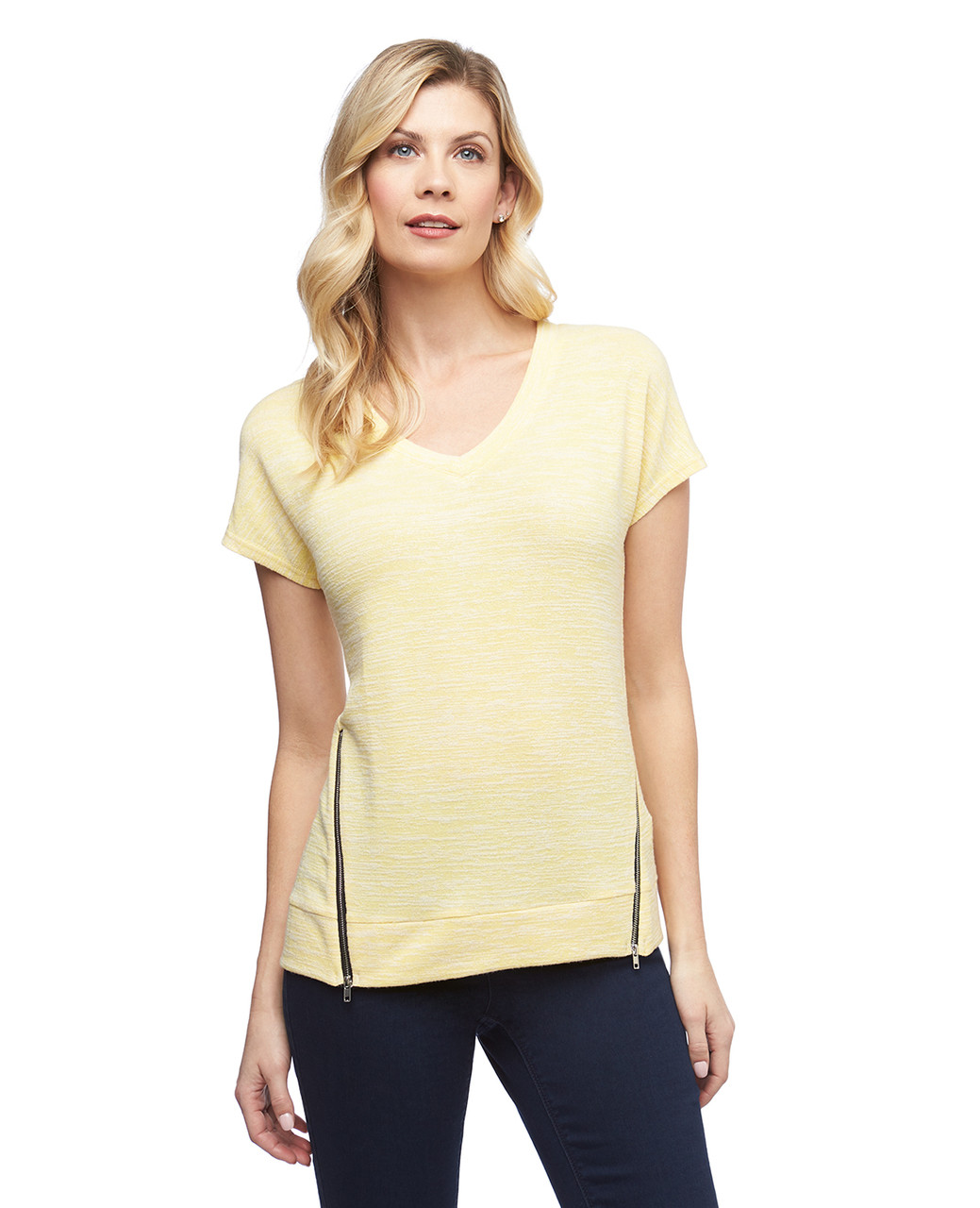 Women's yellow Point Zero zipper hem V neck top