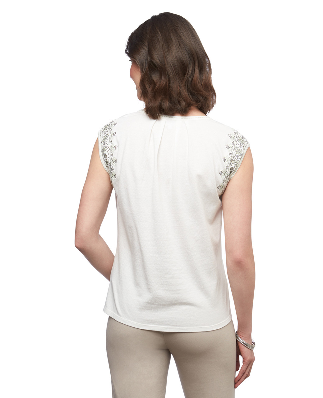 Women's vanilla cotton crepe embroidered sleeveless top with tie front neck