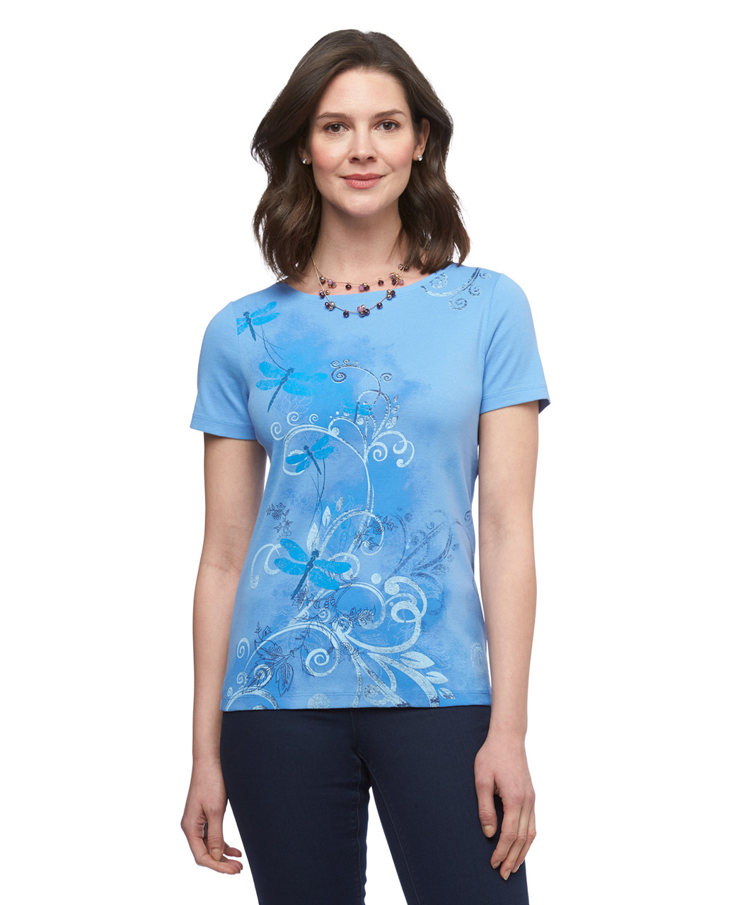 Women's pure blue dragonfly graphic boat neck cotton tee