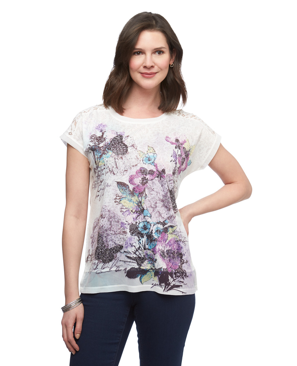 Women's short sleeve sublimation print lace blouse