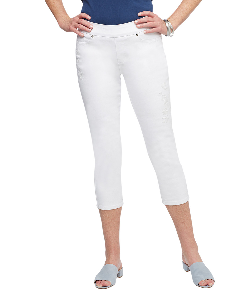 Womens white cropped denim pants with floral embroidery