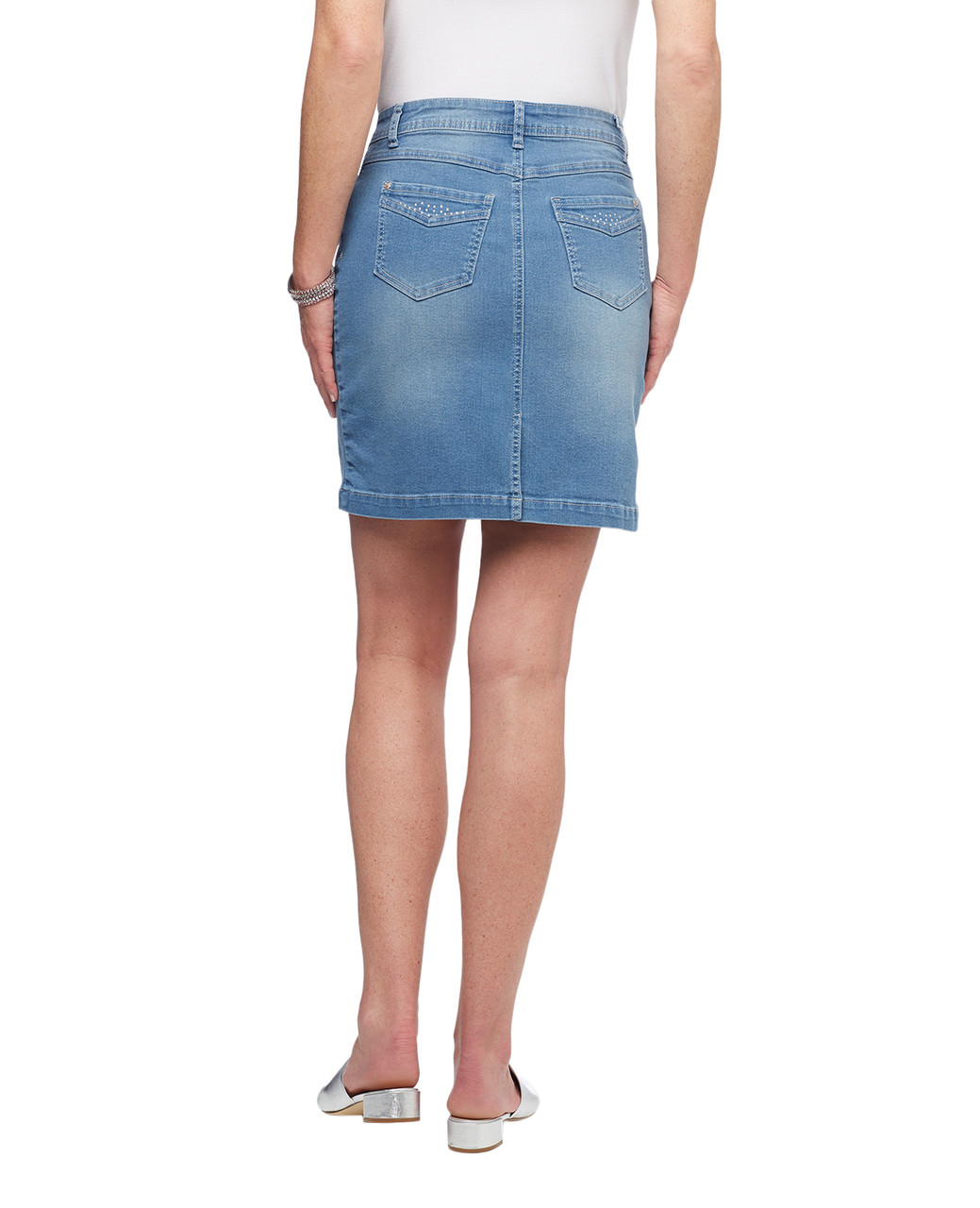Womens embellished light wash denim skirt