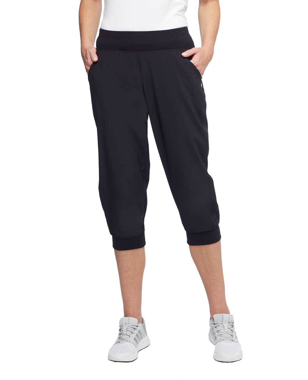 Womens black loose fit travel capris with cuffed ankles