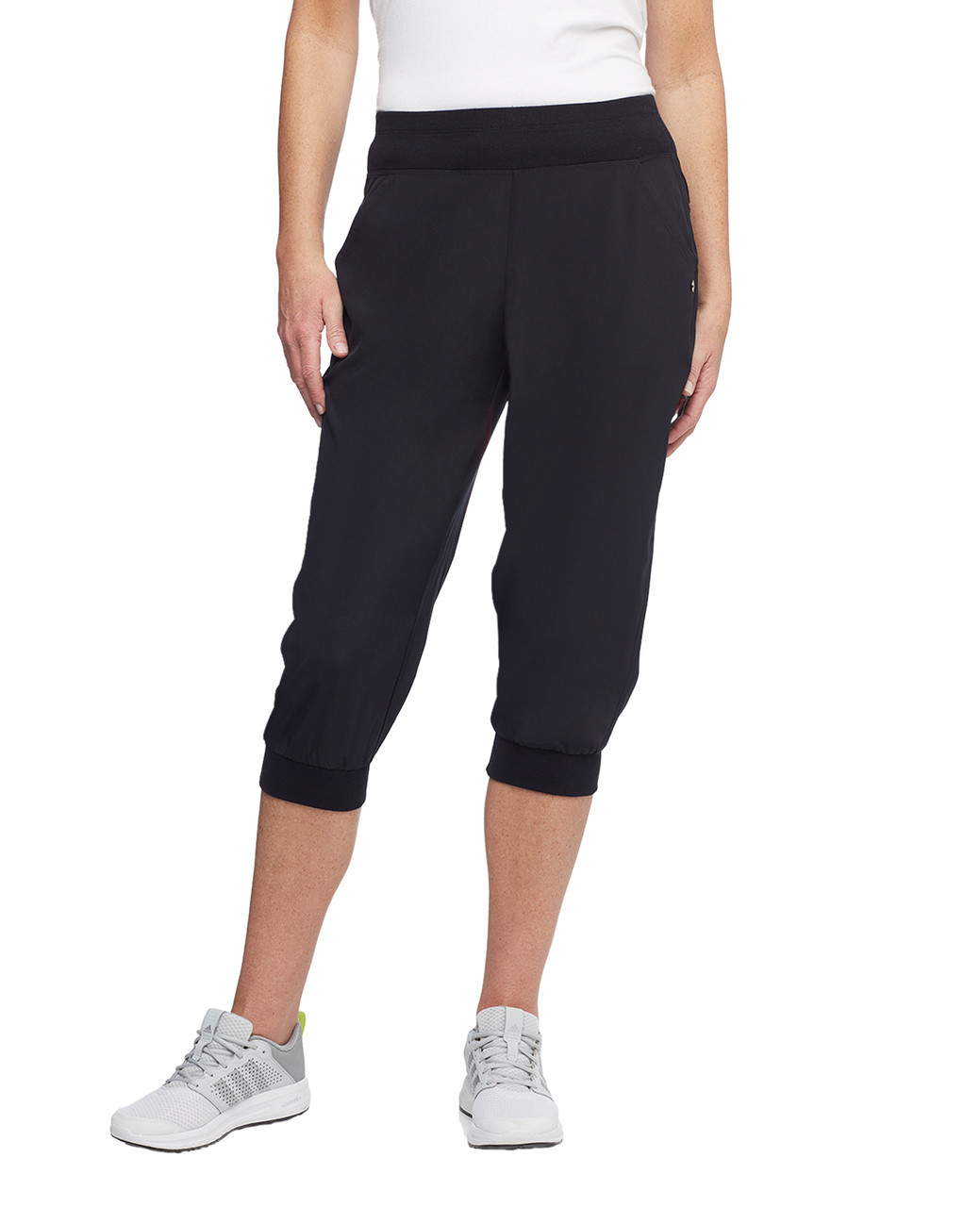 Womens black loose fit travel capris with cuffed ankles