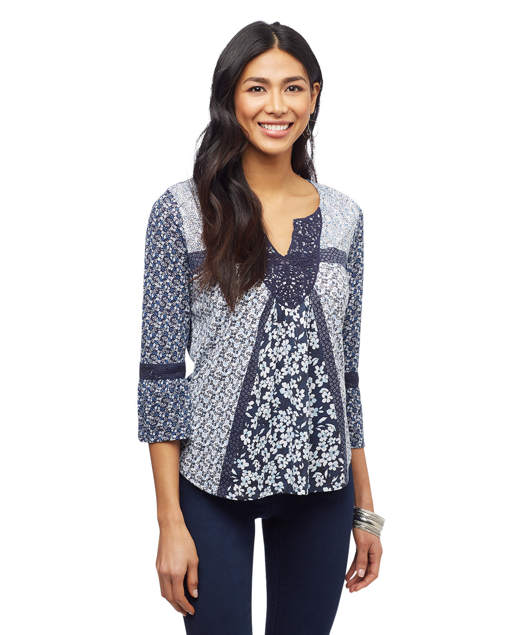 Womens petite nile blue mix media blouse.