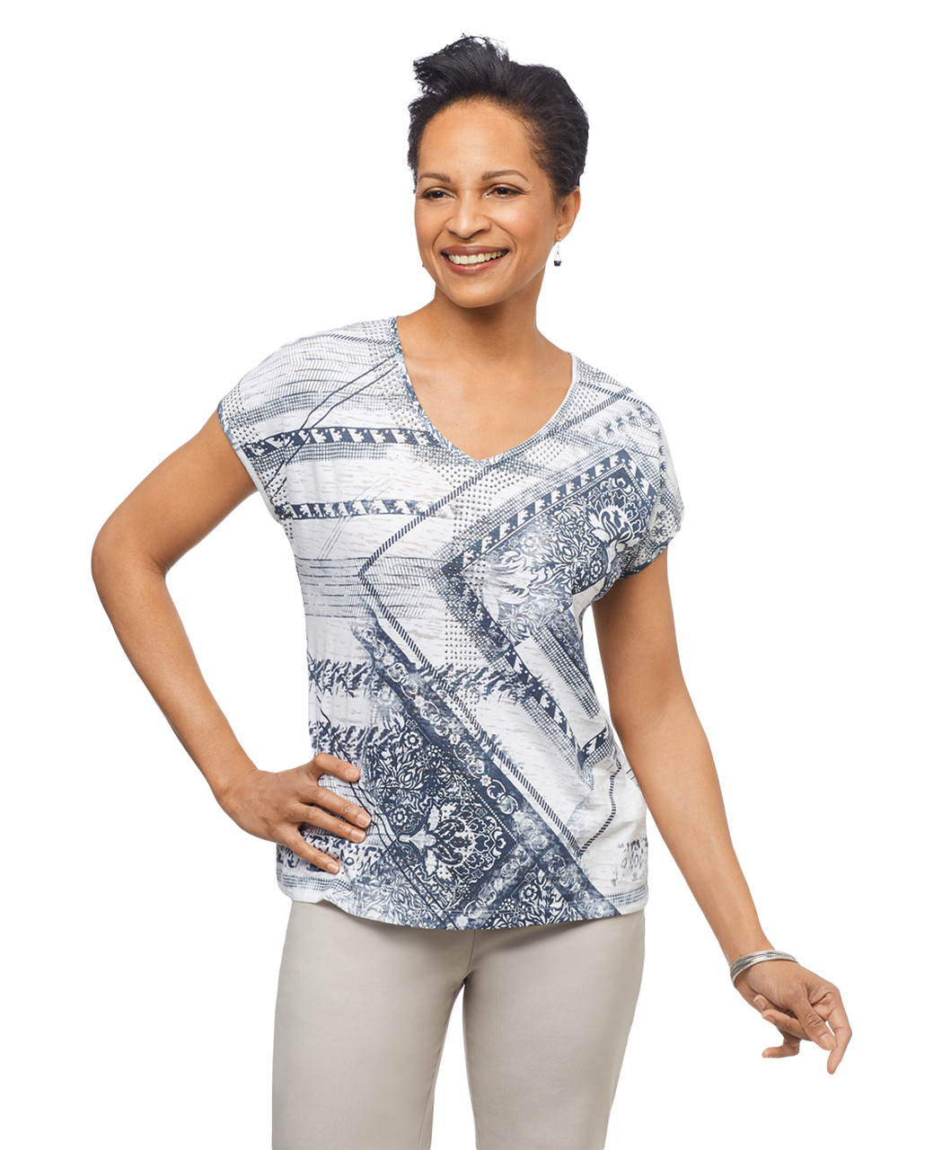 Womens navy cap sleeve shirt with patchwork graphic