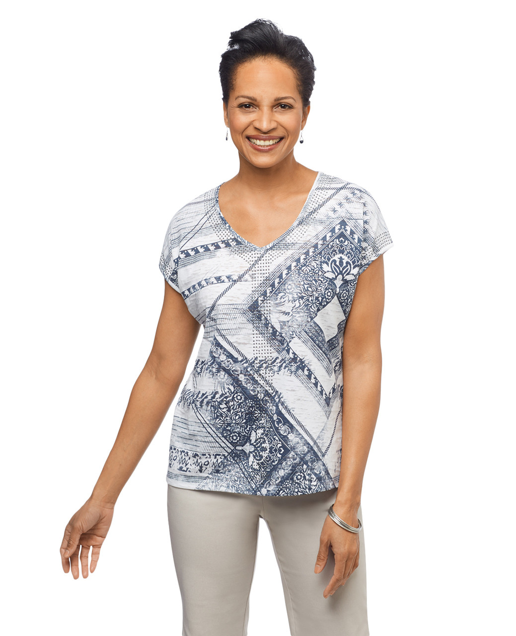 Womens navy cap sleeve shirt with patchwork graphic