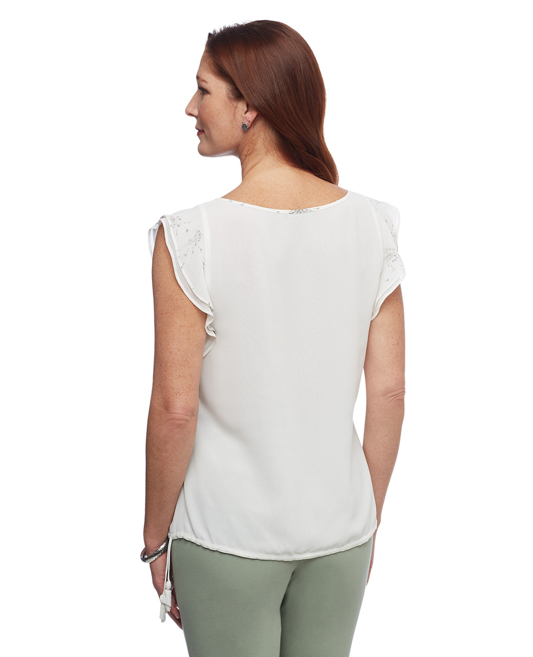 Womens Amanda Green cap sleeve printed blouse with drawstring hemline