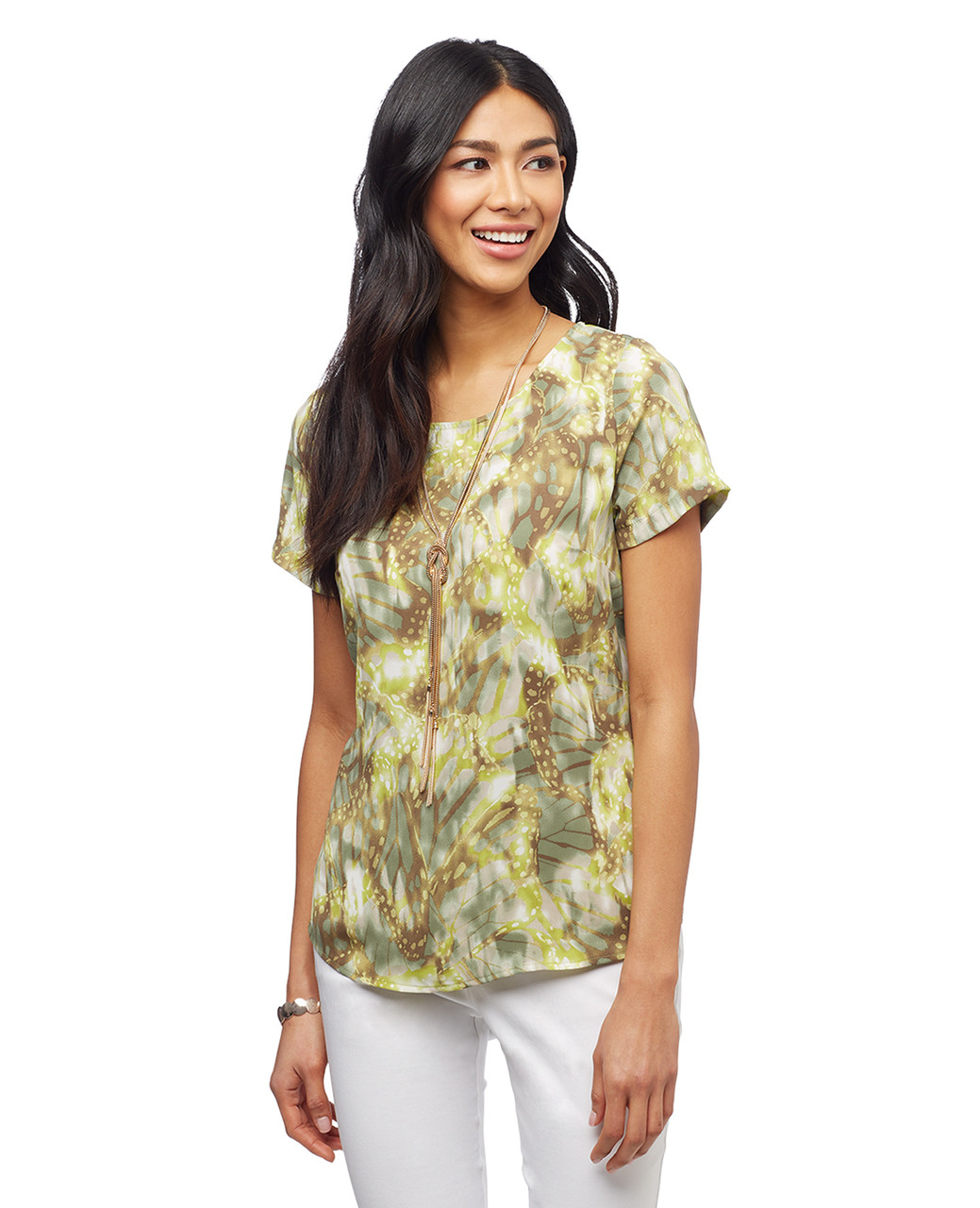 Womens sage short sleeve shirt with high-low cut