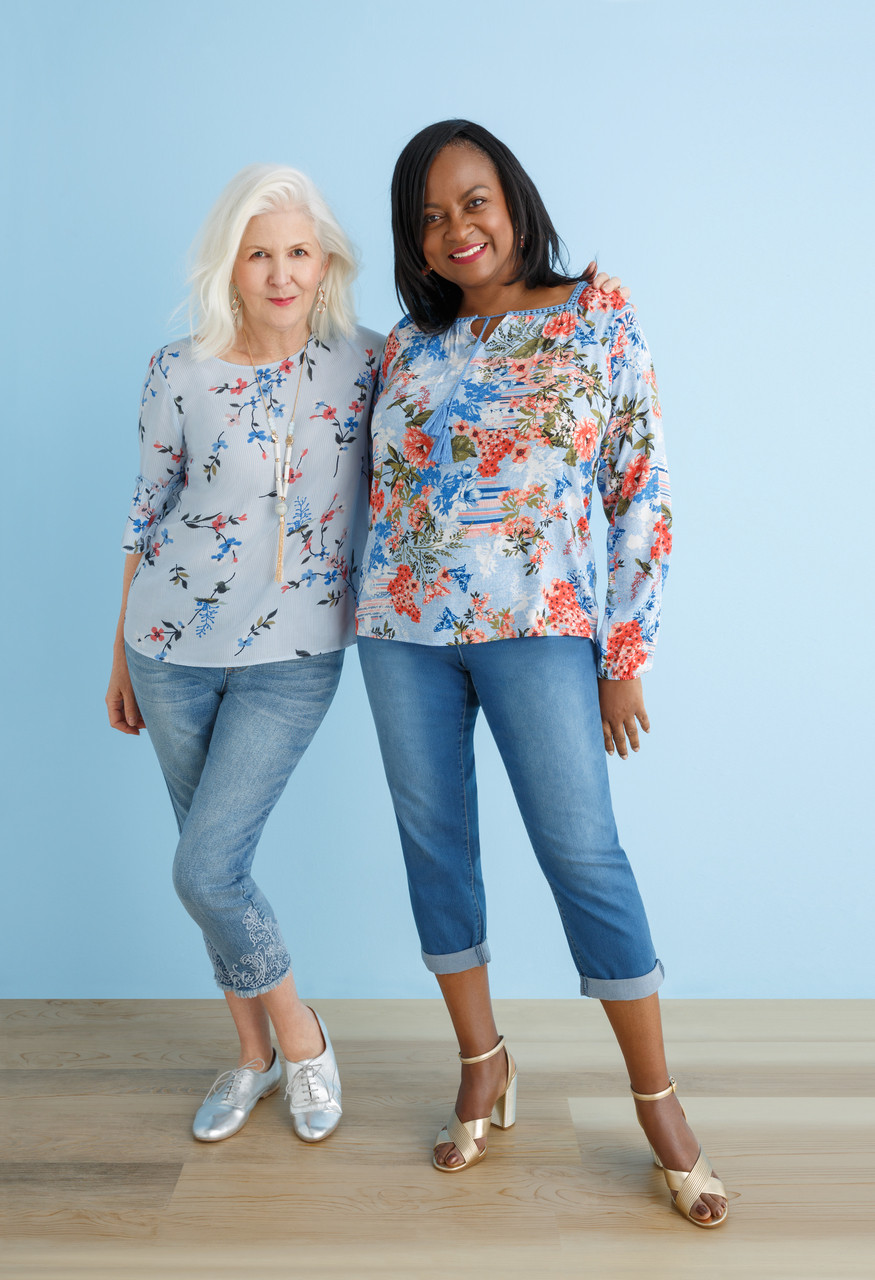 Womens petite blue long sleeve top with ruffled sleeves