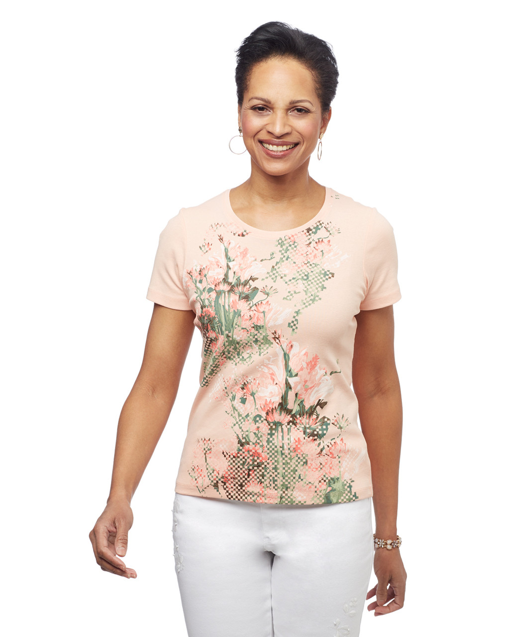 Womens peach petite floral graphic crew neck cotton tee
