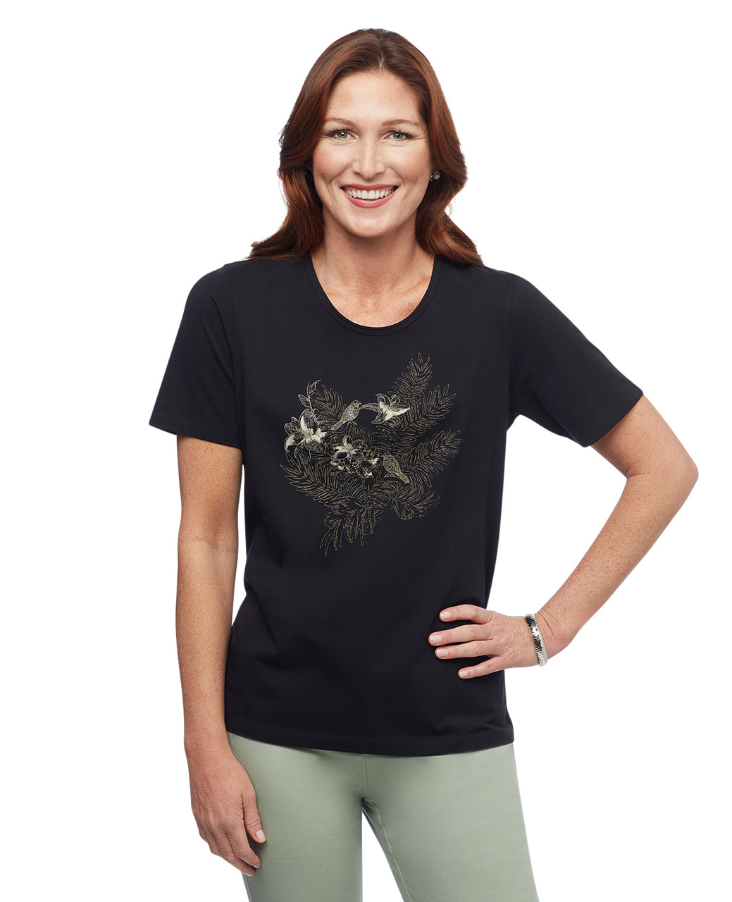Womens black bird leaf graphic crew neck tee
