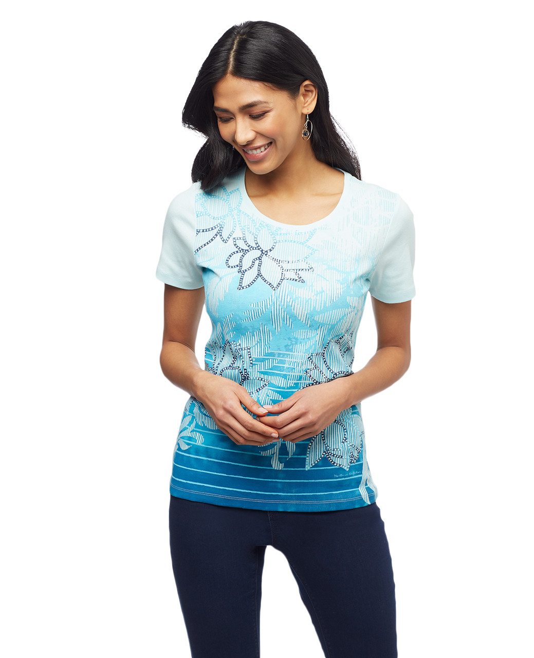 Womens sea blue stripe scoop neck shirt with lotus graphic
