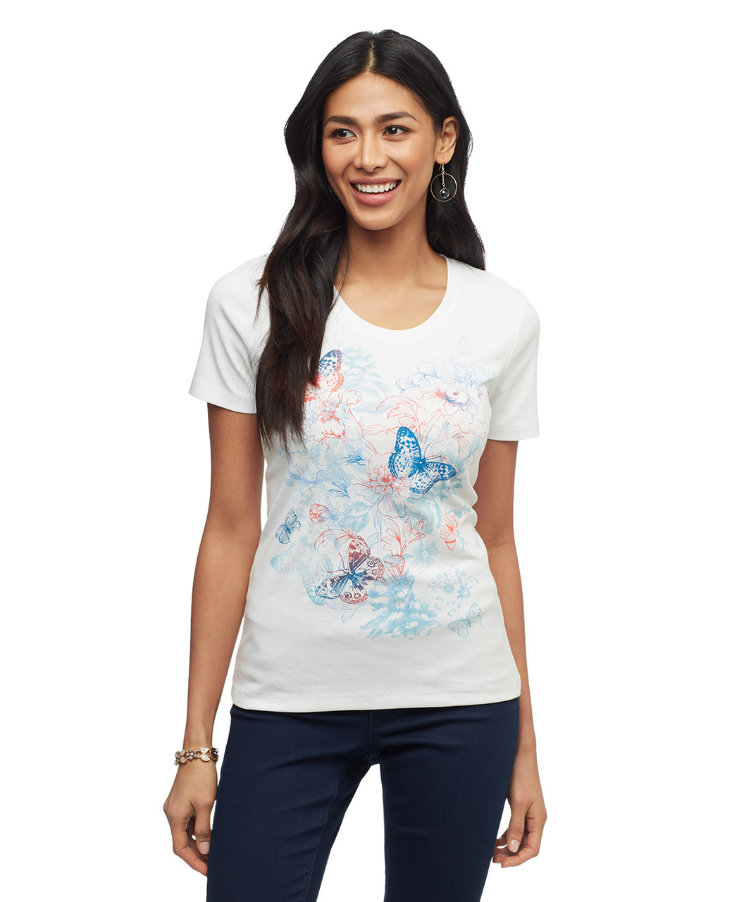 Women's white butterfly graphic scoop neck cotton tee