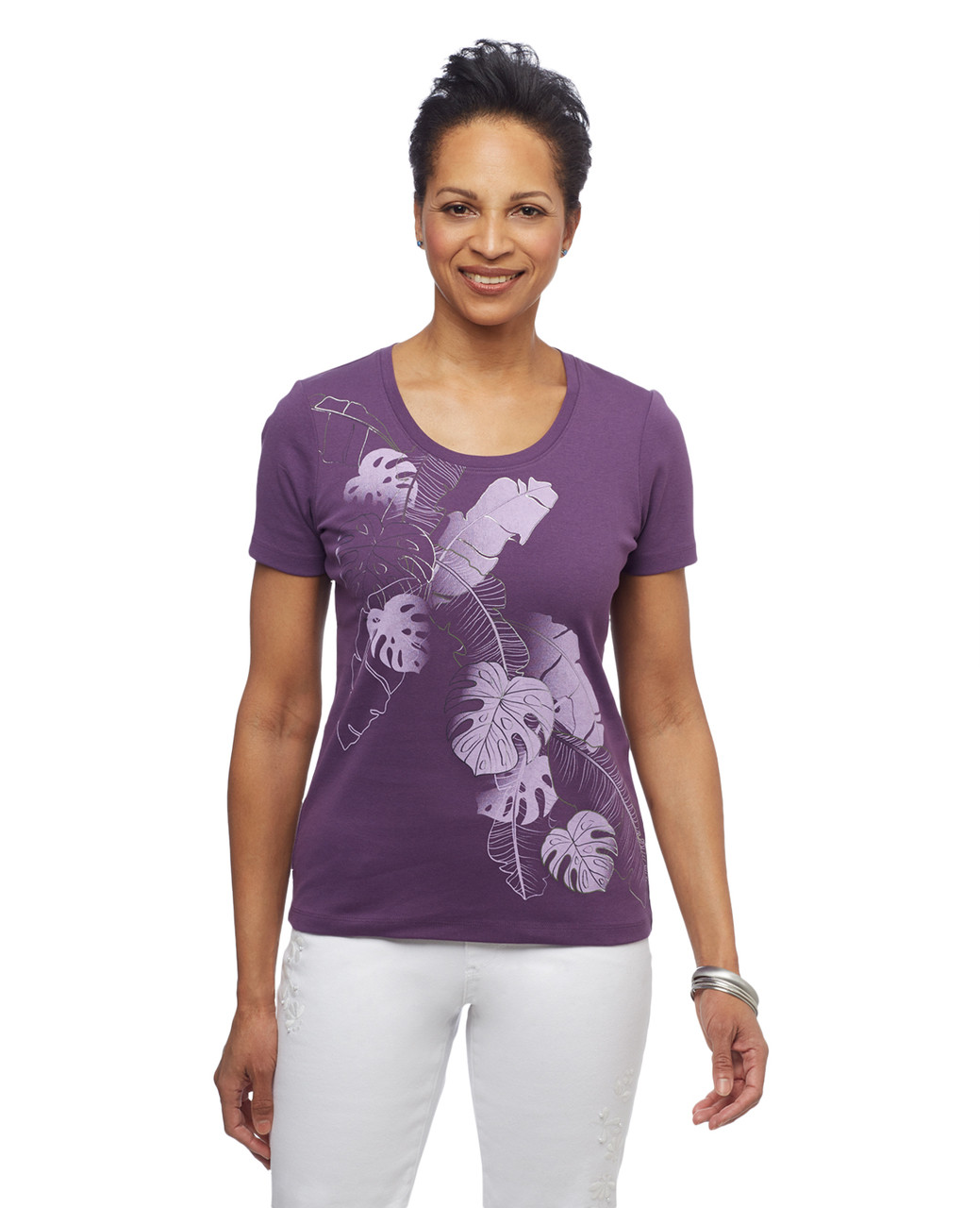 Womens purple lotus leaf graphic scoop neck cotton tee