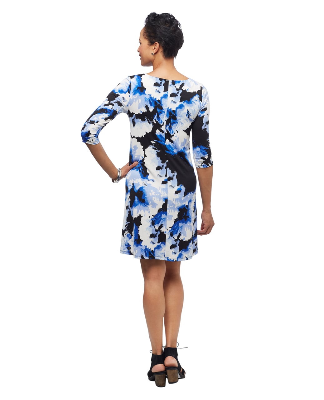 Women's black floral mid length three quarter length sleeves cut out swing dress