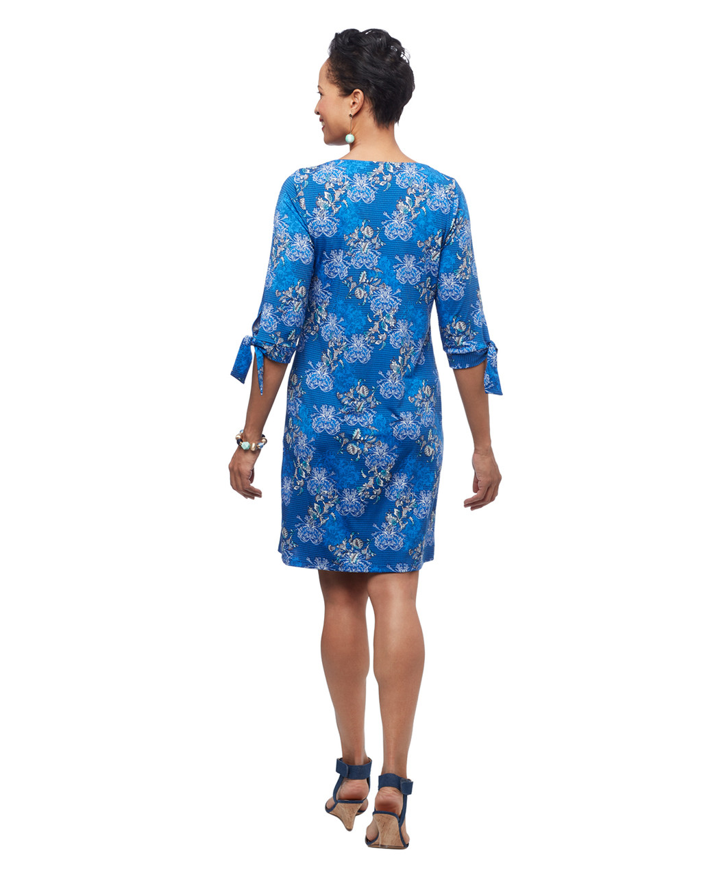 Women's marine navy blue mid length three quarter length tie sleeve floral keyhole dress